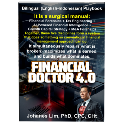 Bilingual English-Indonesian Playbook FINANCIAL DOCTOR 4.0 Dr.Johanes Lim cover Dr.Johanes Lim, financial doctor, fractional ceo, contingency coaching no result no pay, double sales, double profit